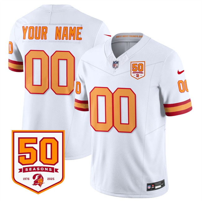 Men's Tampa Bay Buccaneers Active Player Custom White 2025 F.U.S.E. 50th Anniversary Patch Vapor Limited Stitched Jersey